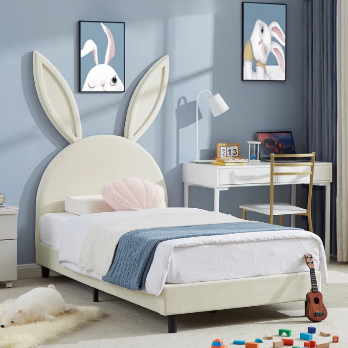 Cimahi Upholstered Twin Daybed Frame for Kids, Twin Platform Bed with Carton Ears Shaped Headboard, Wood - Image 5
