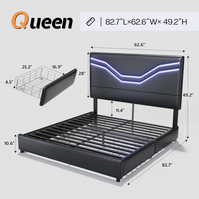 Storage Platform Bed with Adjustable Headboard and LED Lights - Image 5