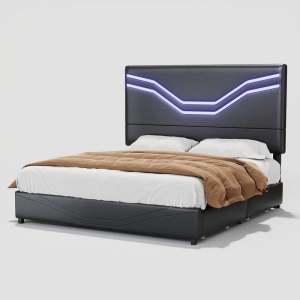 Storage Platform Bed with Adjustable Headboard and LED Lights