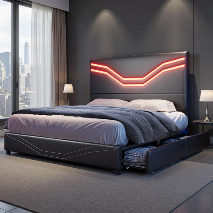 Storage Platform Bed with Adjustable Headboard and LED Lights - Image 2