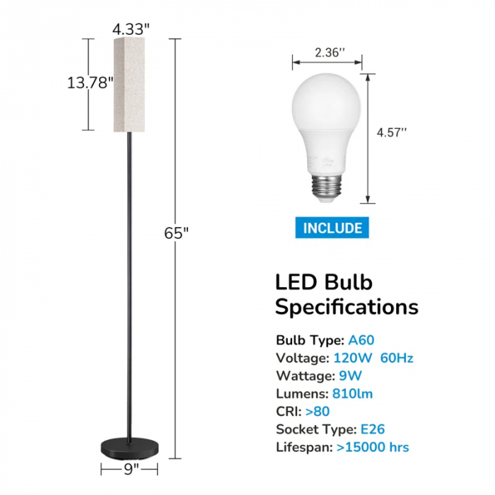 Osblek 65'' Traditional Floor Lamp with Remote Control and Bulb Included - Image 3