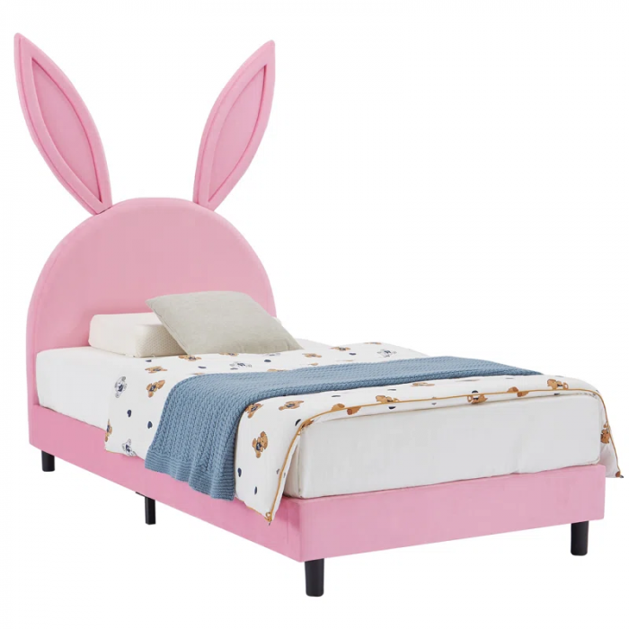 Cimahi Upholstered Twin Daybed Frame for Kids, Twin Platform Bed with Carton Ears Shaped Headboard, Wood - Image 3