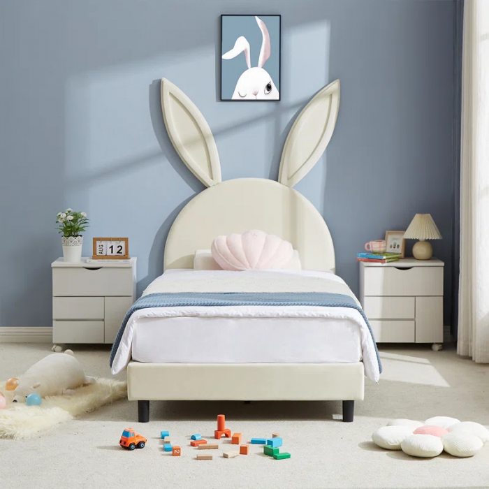 Cimahi Upholstered Twin Daybed Frame for Kids, Twin Platform Bed with Carton Ears Shaped Headboard, Wood - Image 4